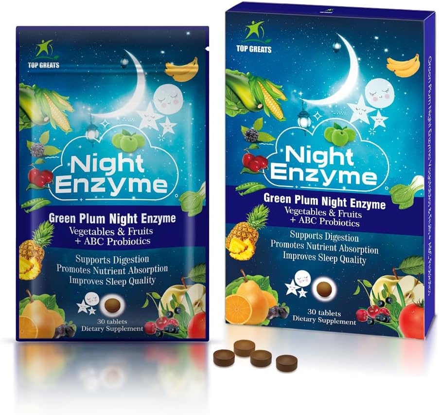 Enzima nocturna, Enzimas digestivos diarios, Frutas de Plum verde y verduras con probióticos, Bloating de alivio, mejor calidad del sueño, para hombres y mujeres, promover la salud digestiva- 30 tabletas