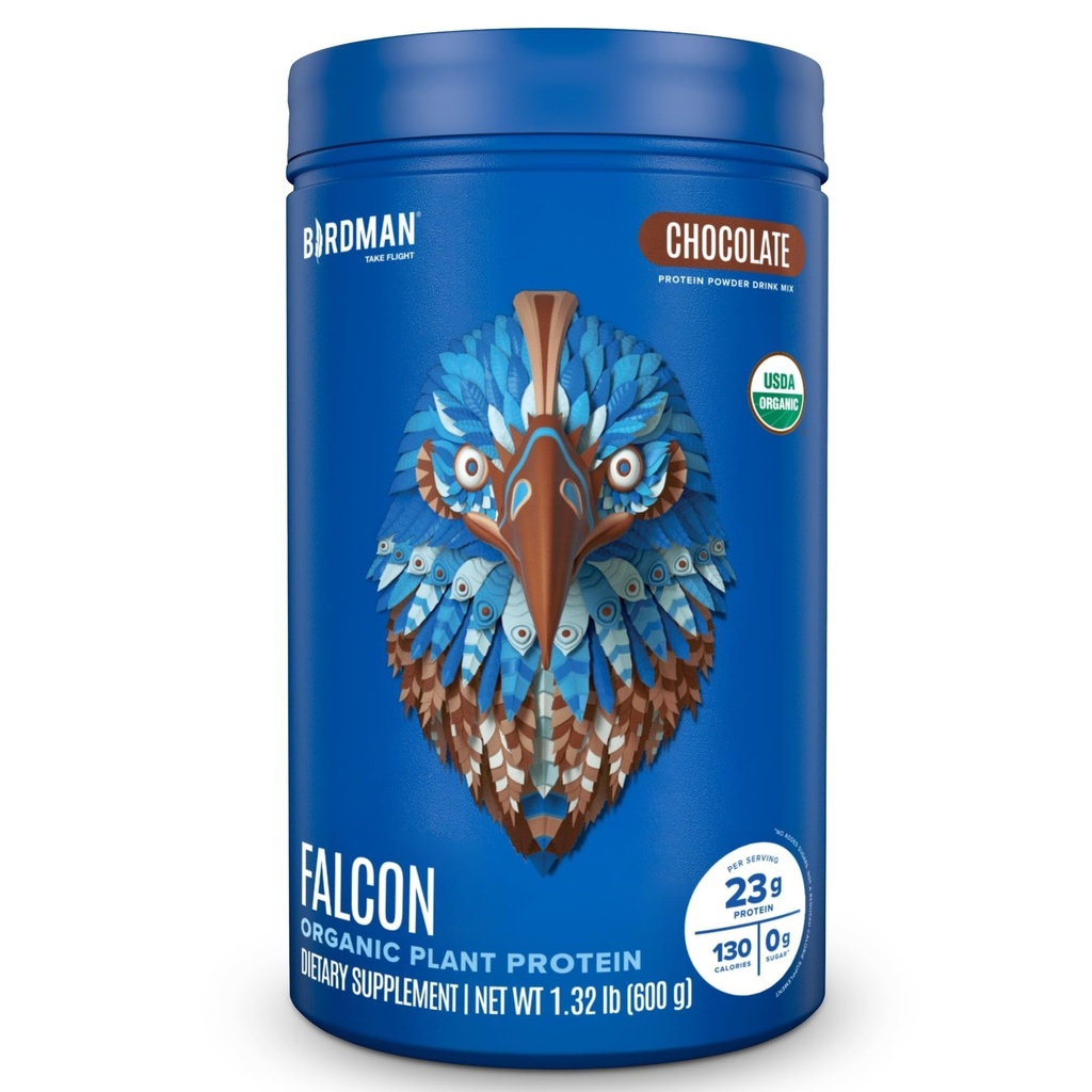 BIRDMAN Falcon Vegan Protein Powder Organic, Stevia & Sugar Free, Plant Based Protein, Low Carb, Dairy Free, Keto, Non Whey Protein, Probiotic, Pea Protein | Chocolate Flavor - 18 Servings - 1.32lb