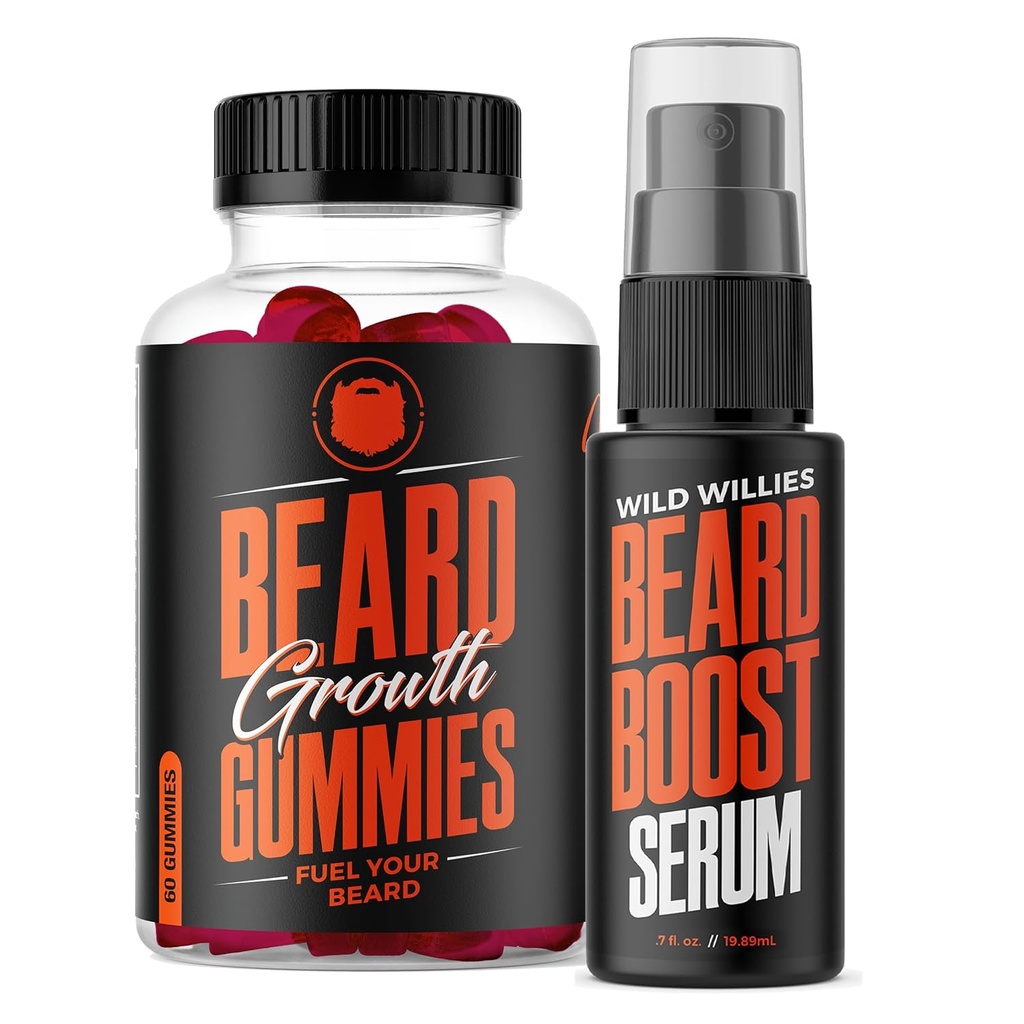 Crecimiento de barba salvaje Doble amenaza: Crecimiento de barba Gummies y kit de suero para hombres - Biotina, cafeína " Aceite de crecimiento esencial para el cabello facial más completo, más grueso - Vitaminas de barba " Aumento del crecimiento de la barba