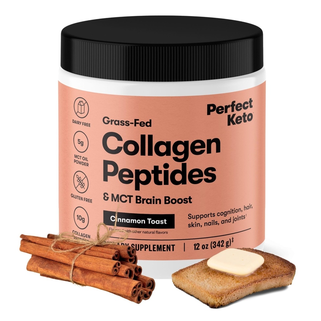 Perfect Keto Collagen Peptides Protein Powder con MCT Oil, Collagen hidrolizado, Tipo I & III Suplemento, Gluten Free Grass Fed, Low Carb, Keto Coffee Creamer, Collagen for Women &amp; Hombre, Cinnamon Toast