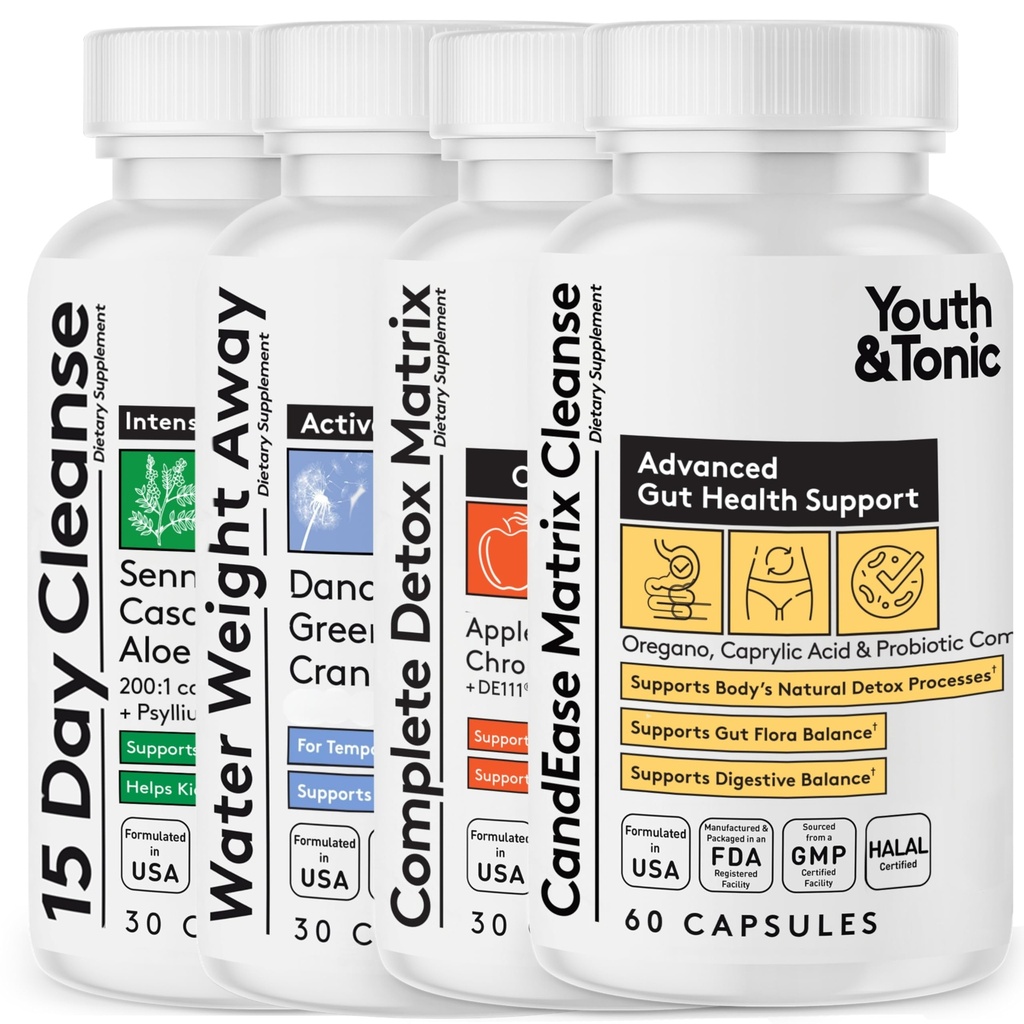 Youth & Tonic Complete Body Detox for Cleanse, Normal Acidity Gut Level and Water Detoxing – 150 Pills