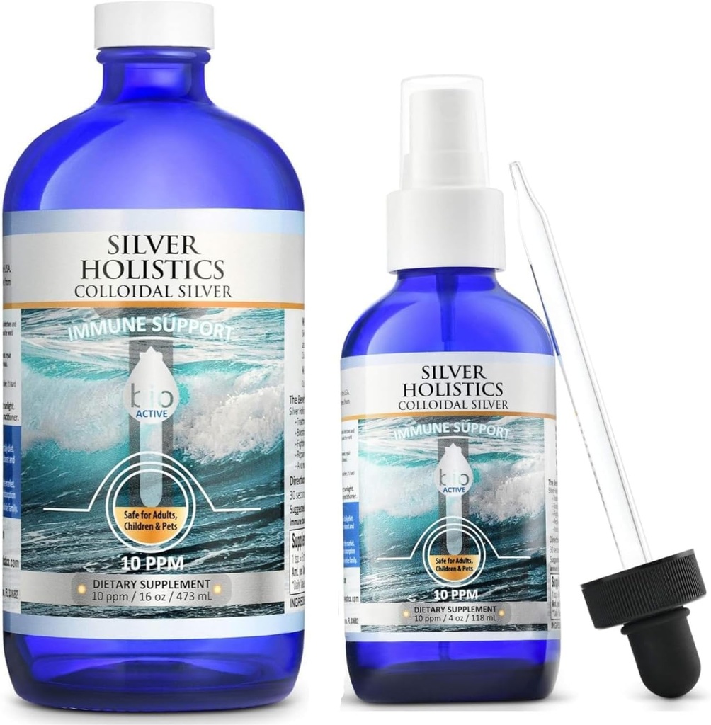 Silver HOLISTICS Colloidal Silver Liquid Bundle – Incluye Colloidal Silver Spray (4 OZ) " Refill Solution (16 OZ) con Free Dropper - Immune Support Supplement for Children, Adults, " Pets