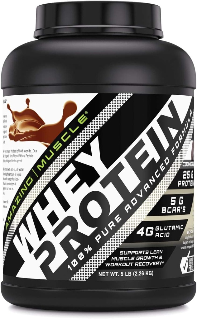 Amazing Muscle 100% Whey Protein Powder *Advanced Formula with Whey Protein Isolate Along with Ultra Filtered Whey Protein Concentrate (Cookie & Cream, 5 Lb)