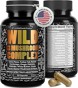 Alimentos silvestres Premium Mushroom Suplemento Complejo ← Mushroom Extract 13 Setas orgánicas: Lions Mane, Turquía Tail, Reishi &amp; More Adaptogenic Mushrooms for Energy, Brain &amp; Immune Health (Pack of 2)