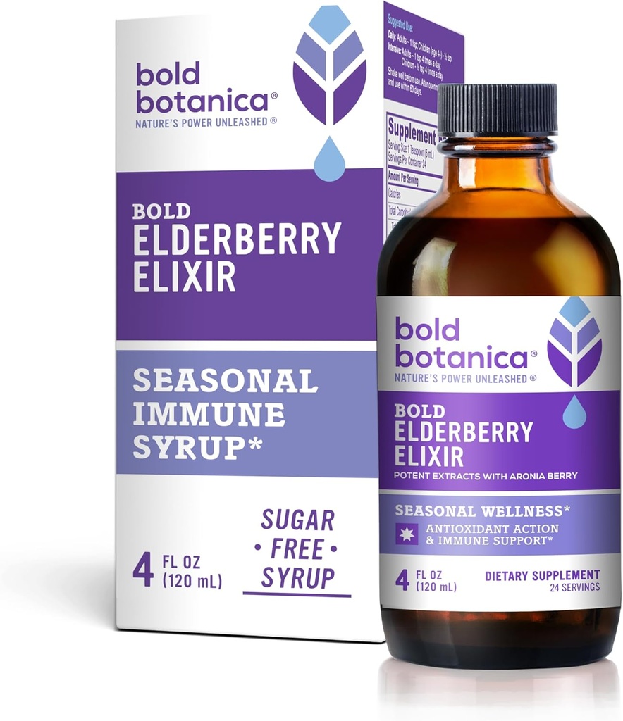 Bold Botanica Elderberry Elixir – 65x extracto concentrado - Sin azúcar - Kid Friendly - Black Elderberry Syrup with Aronia Berry for Immune Support - 4 Fl. Oz.