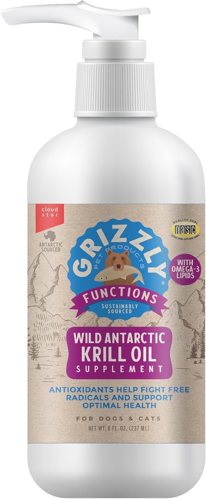 Grizzly Pet Products Krill Oil Liquid Antioxidant Producto para perros y gatos, 8 onzas