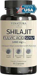 VINATURA Shilajit para Hombres y Mujeres - 1000mg Pure Himalayan Shilajit Capsules, estandarizado a 50% Fulvic Acid - 60 cápsulas