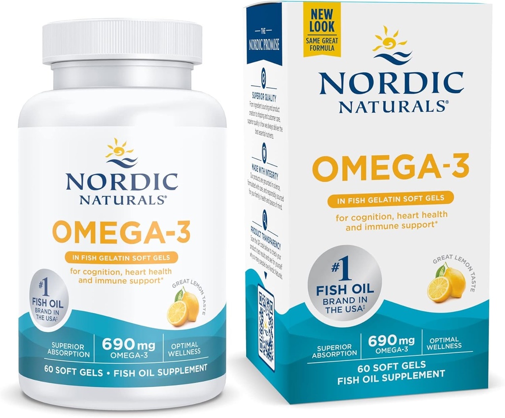 Nordic Naturals Omega-3 en Fish Gelatin, Lemon Flavor - 60 Fish Gels - 690 mg Omega-3 - Fish Oil - EPA &amp; DHA - Immune Support, Brain & Heart Health, Optimal Wellness - Non-GMO - 30 Servings