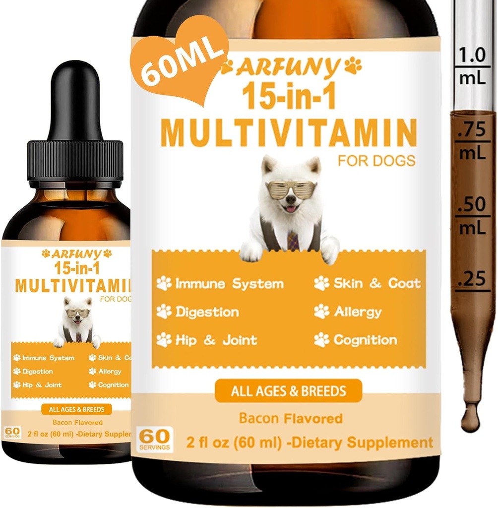 15 en 1 Multivitamínico para Perros - Perro Multivitamina Liquid Support Joint, Gut & Immune Health - Canine Digestion, Heart, Skin & Coat Health - Vitamin Supplements for Puppy - Bacon Flavor