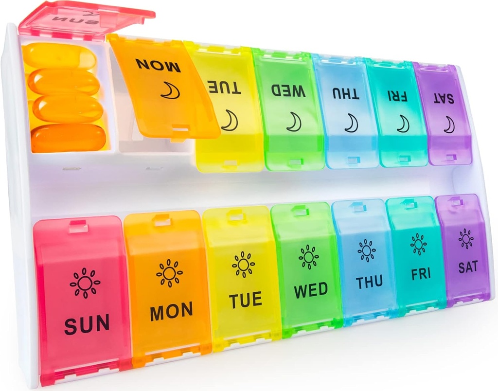 Mossime XL Grande Organizador de Píldoras 2 veces al día, semanal Am Pm Caja de Pm con Hinged Lids, 7 días Medicina Caso de Píldora de Vitamina, Contenedor de Píldoras diarias, organizador de medicamentos grandes para suplemento
