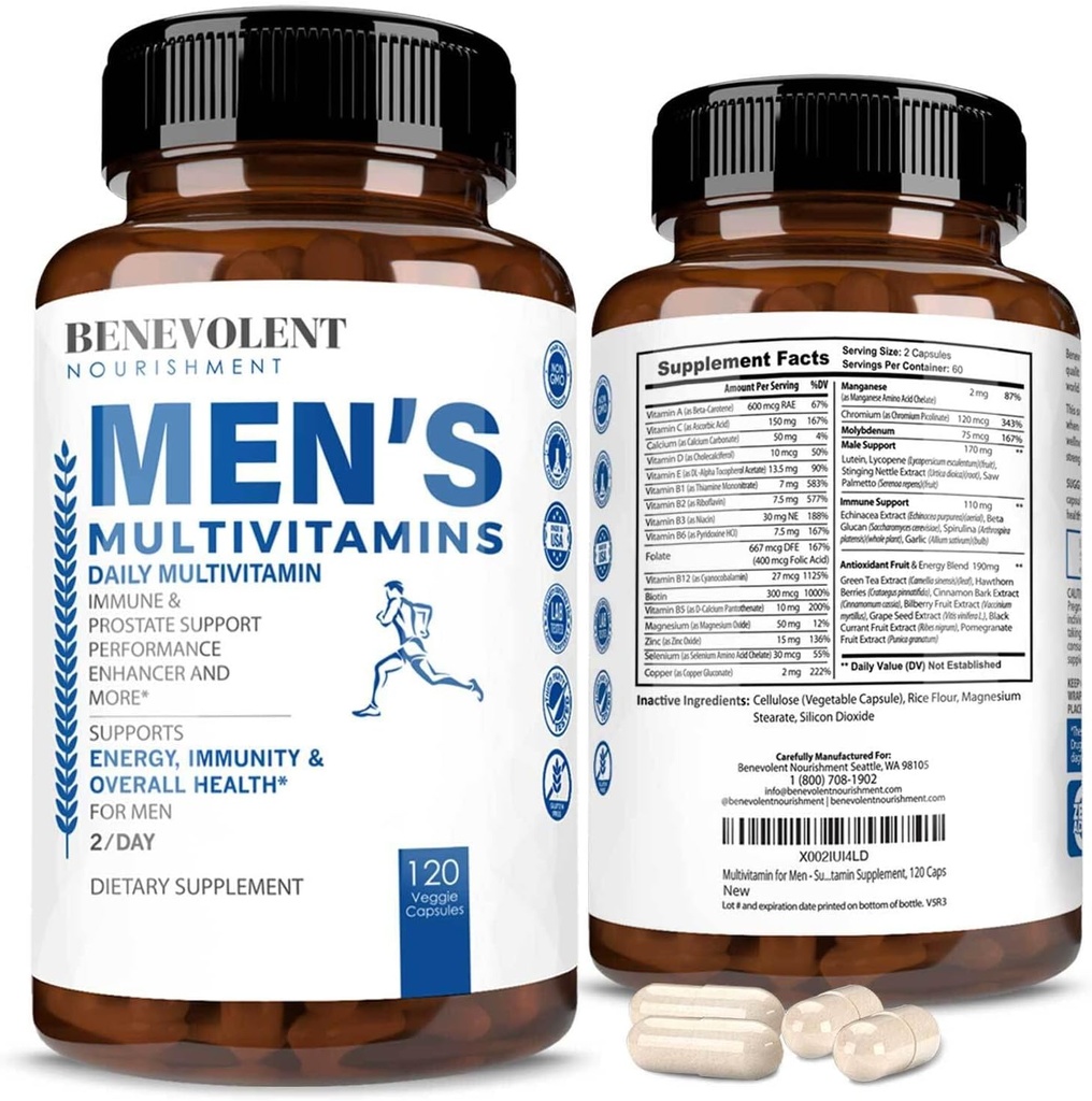 Benevolent Nourishment Multivitamin for Men - Supports Energy & General Health - Essential Daily Vitamins for Men, Biotin, Magnesium, Zinc & Antioxidant for Immune Health - Non-GMO,120 Caps