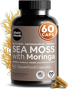 Atlantic Naturals Sea Moss Capsules – Irish Sea Moss with Black Seed Oil, Ashwagandha, Moringa, Ginseng " Ginger for Energy, Vitality " Wellness – Suplemento Nutricional – Hecho en EE.UU. – 60 cápsulas