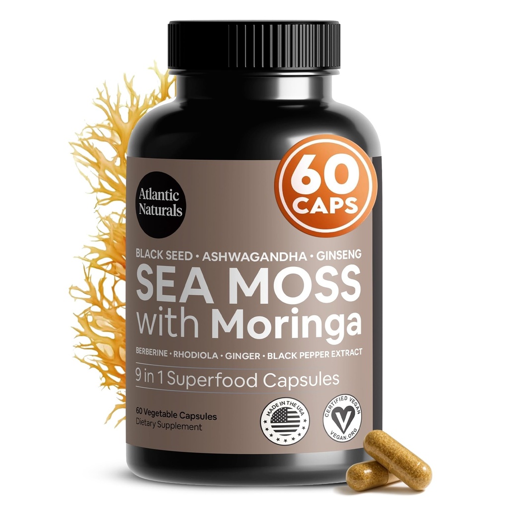 Atlantic Naturals Sea Moss Capsules – Irish Sea Moss with Black Seed Oil, Ashwagandha, Moringa, Ginseng " Ginger for Energy, Vitality " Wellness – Suplemento Nutricional – Hecho en EE.UU. – 60 cápsulas