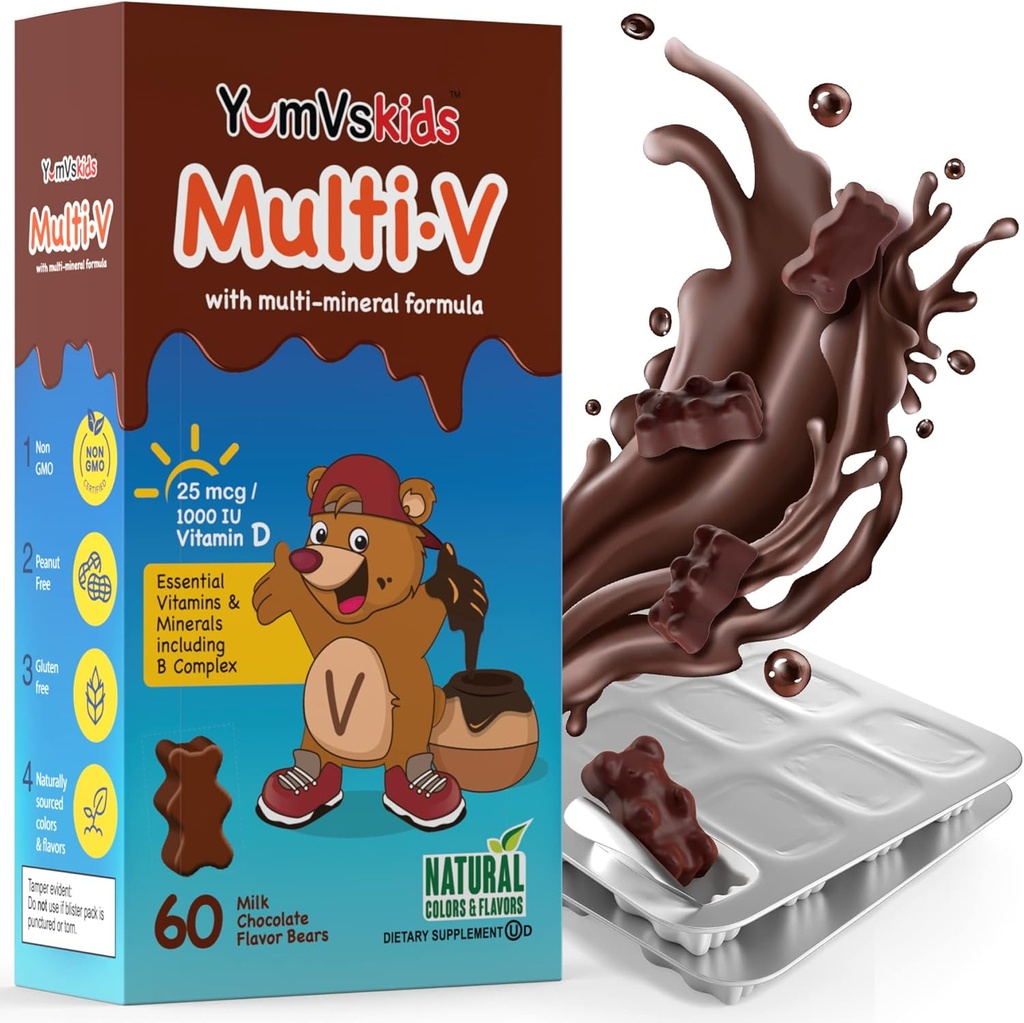 YUM-V'S - Osos de chocolate multivitamínicos para niños - Multivitamínico para niños Suplemento - 16 Vitaminas &amp; Minerales - Vitaminas incluyendo D, Zinc, C, B Complejo &amp; Más, 60 Conde Pack de 1