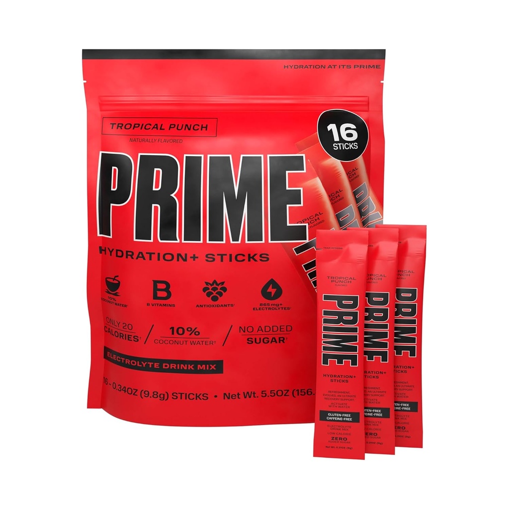 PRIME HYDRATION+ Sticks Tropical Punch Tortura Hydration Powder Single Serve Sticks ← Electrolyte Powder On The Go ← 250mg BCAAs, B Vitaminas, Antioxidantes TEN Low Sugar TEN Caffeine-Free TEN Vegan TEN 16 Sticks
