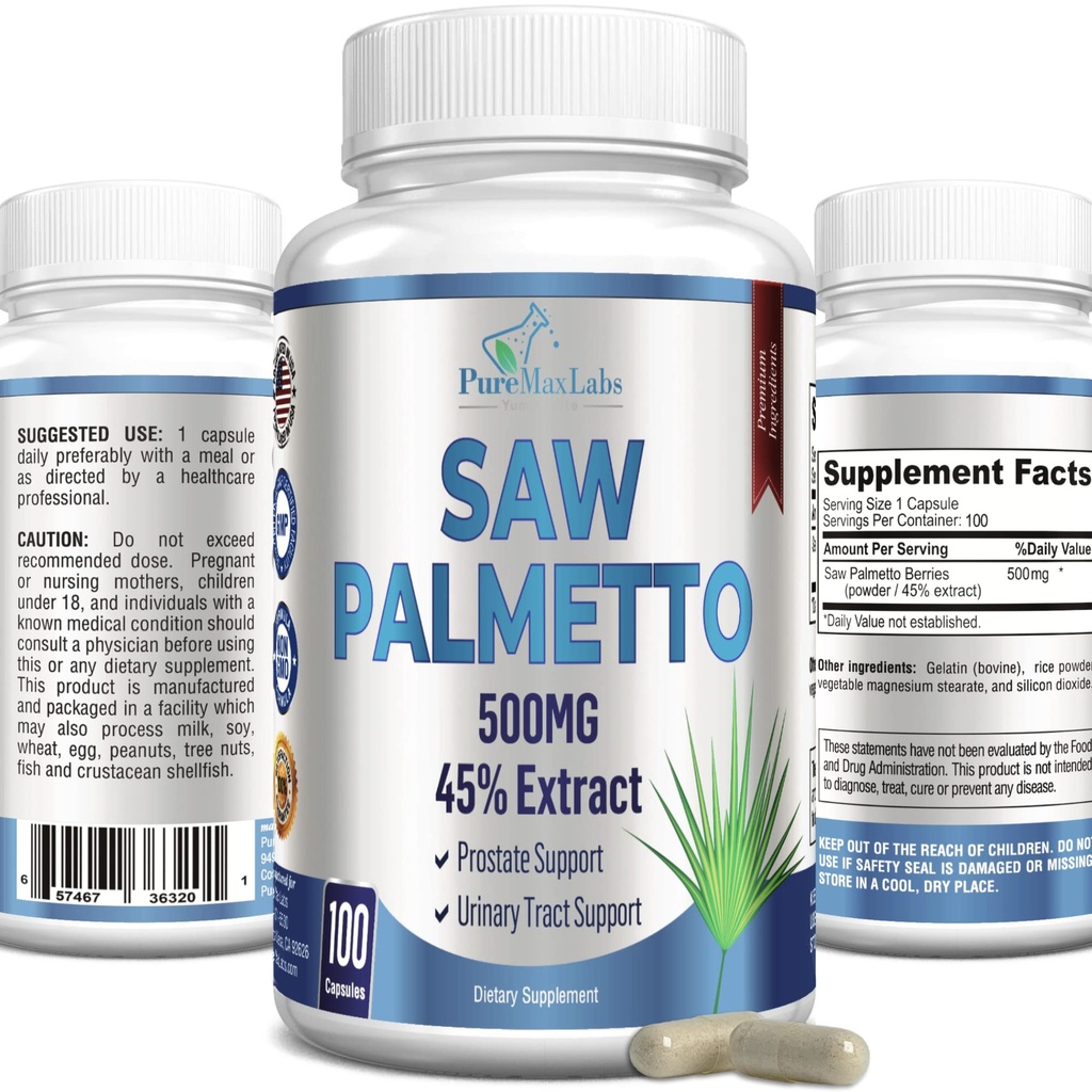 Extra Strength Saw Palmetto - 45% Extract Prostate Supplement, Decrease Frequent Urination, DHT Blocker for Hair Growth, Non-GMO, 100 cápsulas