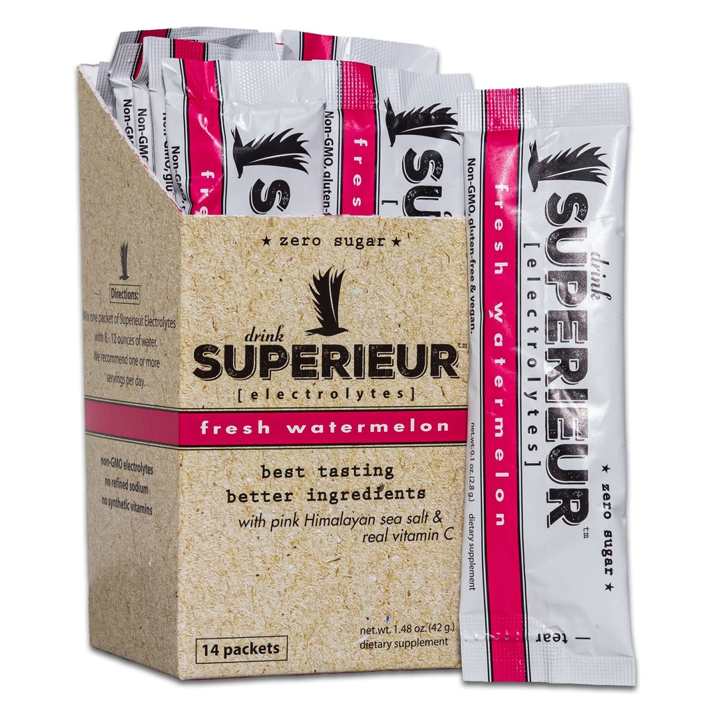 Superieur Electrolyte Powder Packets - Vegan Electrolyte Hydration Powder w/Sea Minerals - Keto Friendly, Non-GMO, Zero Sugar Electrolyte Supplement - Healthy Sports Drink - Watermelon (14 Packets)
