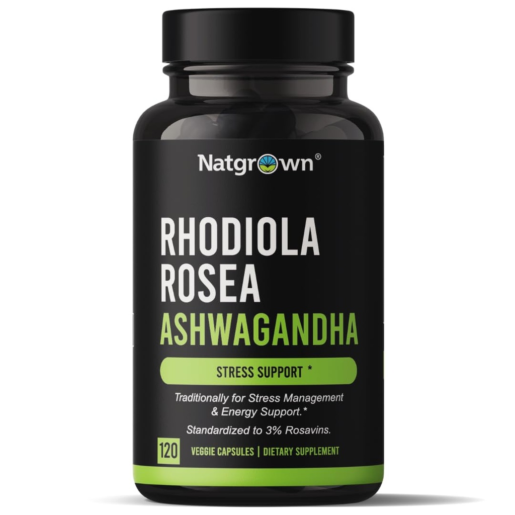 Natgrown Rhodiola Rosea with Ashwagandha Root Extract Capsules - Standardized to 3% Rosavins and 1% Salidroside - 120 Count