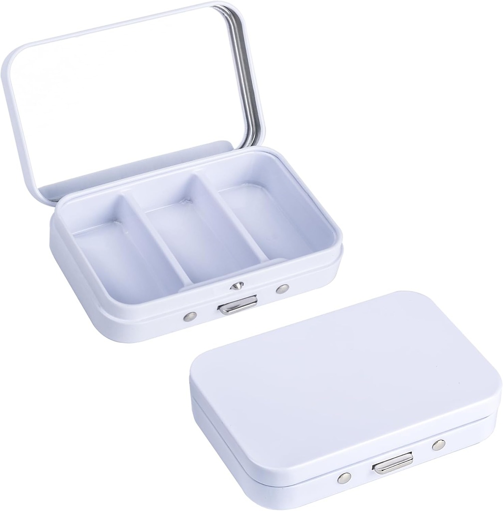 2Pack Pill Box 3 Caja de Píldora de Compartimiento, Caja de Píldora de Metal Portátil con Espejo para Medicina, Vitaminas, Aceite de Pesca y Suplementos, Caja de Píldora Portátil para Bolsillo o Púrpura (White)