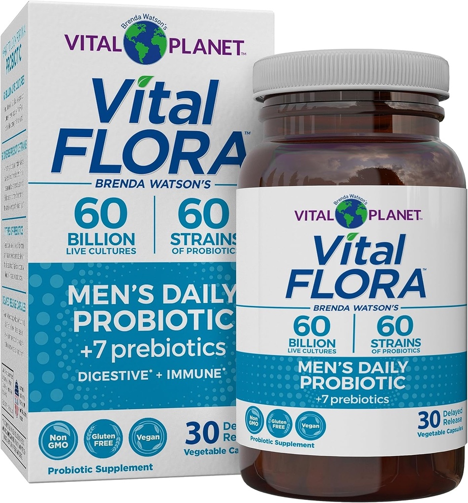 Planeta Vital - Probiótico diario de los hombres de Flora Vital, 60 millones de francos CFU, 60 Strains Diversos, 7 Prebióticos Orgánicos, Apoyo Inmunitario, Gas Relief, Colon y Probióticos de Salud Digestivo para Hombres 30 cápsulas