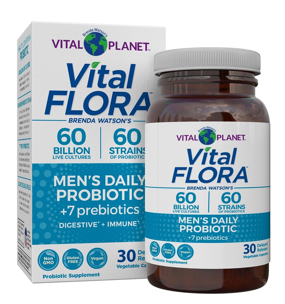 Planeta Vital - Probiótico diario de los hombres de Flora Vital, 60 millones de francos CFU, 60 Strains Diversos, 7 Prebióticos Orgánicos, Apoyo Inmunitario, Gas Relief, Colon y Probióticos de Salud Digestivo para Hombres 30 cápsulas