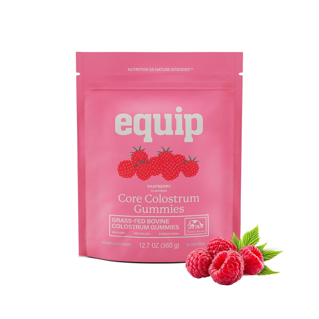 Equip Foods Core Bovine Colostrum Gummies - Delicious 1g Por Seving Grass Fed Colostrum Suplemento - Gut Health, Immunity, Recovery, Hair & Skin - 60 Bovine Colostrum Gummies, 30 Servings, Raspberry