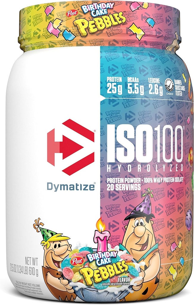 Dymatize x Pastel de cumpleaños Pebbles ISO100 Whey Protein Powder Isolate, 25g de Proteína, 5.5g BCAAs, 120 Cal., Gluten Free, 1g Fat, 1g Sugar, 2g Carb (20 Servings)
