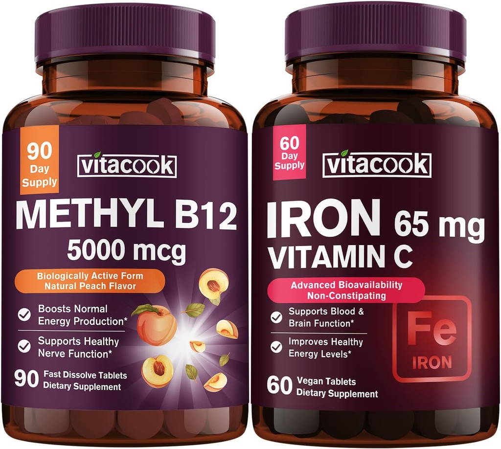 Hierro y vitamina B12 Bundle, 5000 mcg B12, azúcar cero, hierro de carbono con vitamina C, suave en el estómago