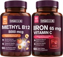 Hierro y vitamina B12 Bundle, 5000 mcg B12, azúcar cero, hierro de carbono con vitamina C, suave en el estómago