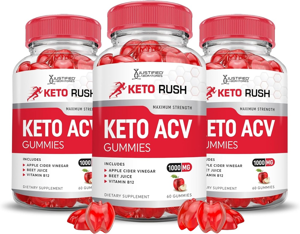 Laboratorios Justificados (3 Pack Keto Rush Keto ACV Apple Sider Vinegar Boost Fórmido con granate Beet Juice Powder B12 Vegan No GMO 180 Gummies