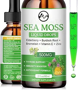 Sea Moss Liquid Drops - Irish Sea Moss 2000mg with Elderberry, Burdock Root, Bromelain, Vitamin C and Zinc - 98 Essential Minerals Seamoss Supplement for Immune, Joint, Digestion, Aging Support - 2oz