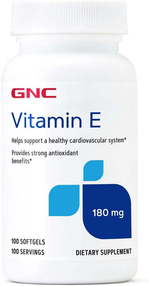 Suplemento GNC de vitamina E 200mg, soporta un sistema cardiovascular saludable, 100 servicios
