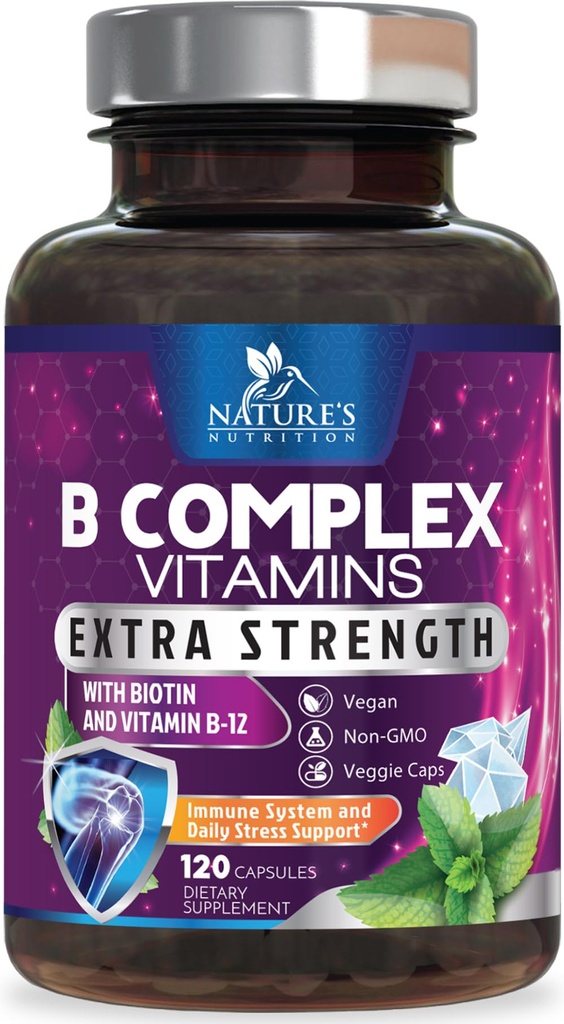 B Complejo de vitaminas cápsulas - con vitamina B12 B6 B100 C Biotin Folate & ácido fólico - Suplemento para el corazón, cerebro, &amp; soporte nervioso - Super Completo B-Complex para Immune & Energy Support - 120 cápsulas