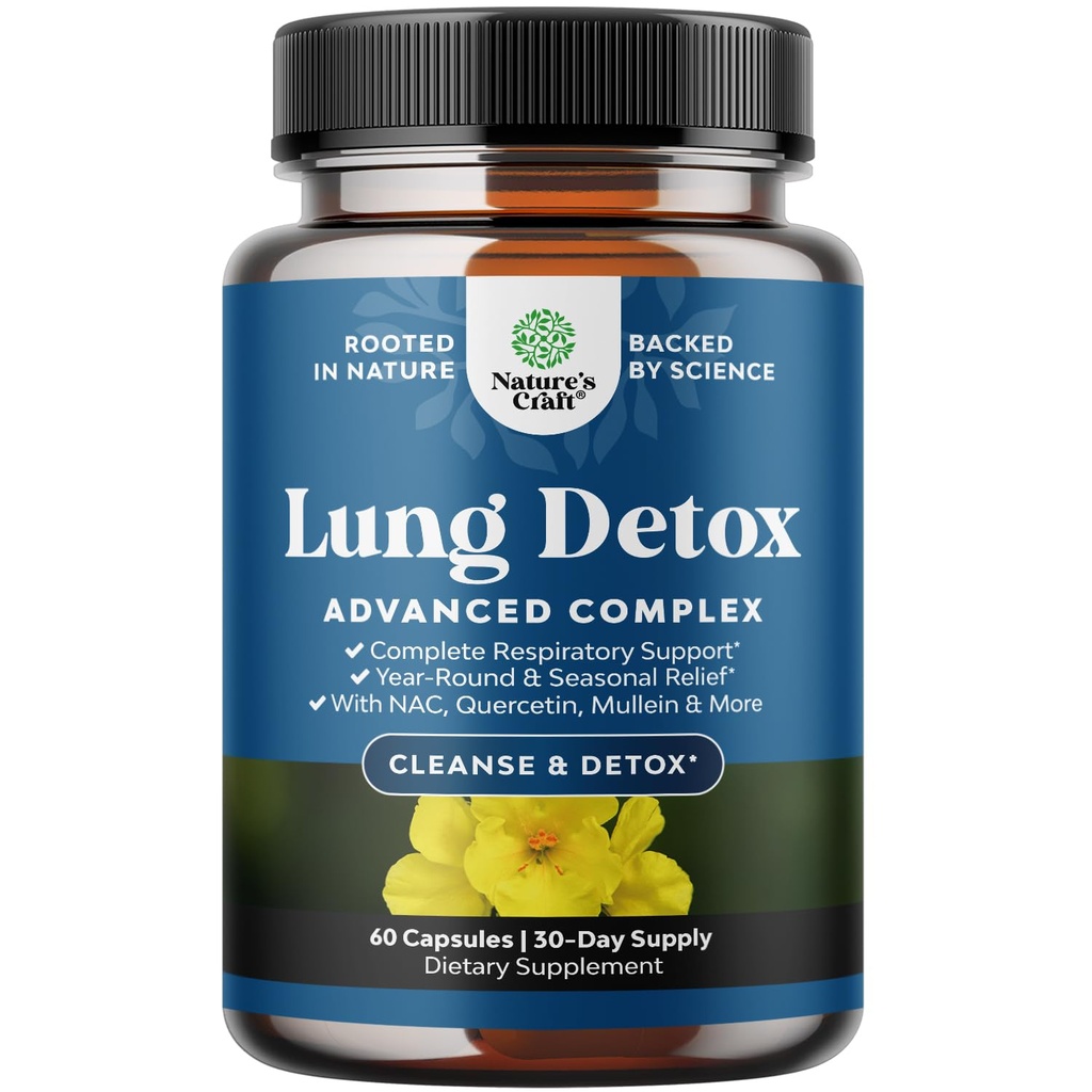 Lung Detox Mullein Leaf Capsules - Purifying Mullein Lung Cleanse Complex with NAC Quercetin & Cordyceps Extracts - Leaf Herb Respiratory Supplement for Sinus Immunity &amp; Breathing Support 60ct