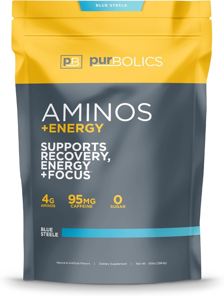 Purbolics Aminos + Energy ¦ apoya la recuperación, la energía y el foco  durable 95mg de Caffeine, 0 Calories & 60 Servings (Blue Steele)