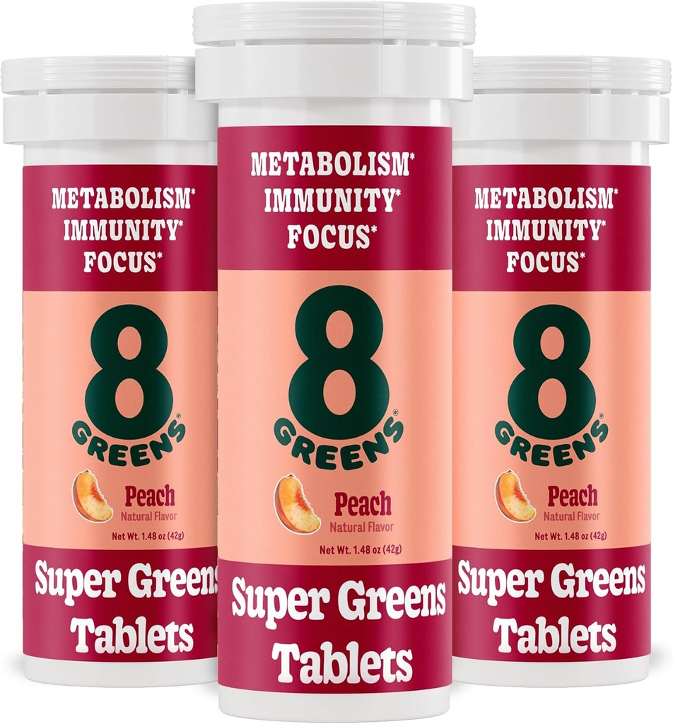 8Greens Supergreens Tablets ◾ Super Greens Powder Superfood Tablet, Metabolism Immunity & Focus, Daily Greens Effervescent Tablets, Organic: Aloe Vera, Spirulina, Chlorella, Peach, 30 Servings