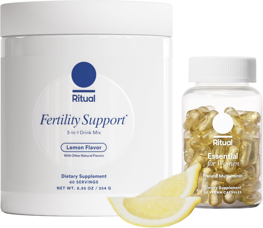 Ritual Preconception Bundle: Essential for Women Prenatal Multivitamin and Lemony Fertility Support Drink Mix Supplement with NAC, CoQ10, and Myo-Inositol. Vegano y Formulado para apoyarla.*