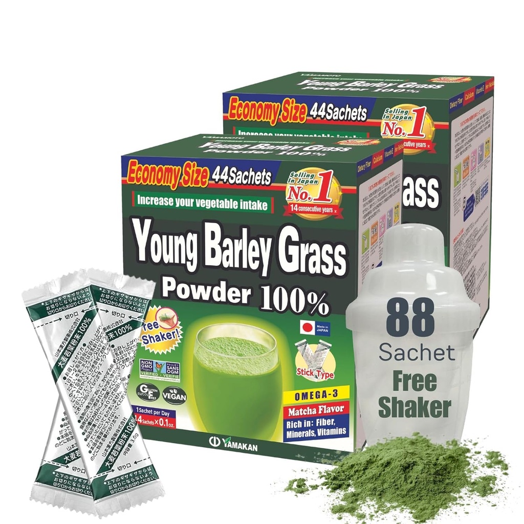Yamamoto Kanpoh YAMAKAN Joven Barley Grass Powder, Grass Juice Rich en Minerales, Vitaminas " Proteína de base vegetal para Hombres Mujer, Barley Grass Juice Powder de Japón, No GMO 88 Portable Sachets