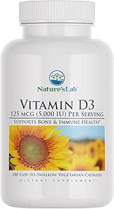 Vitamina de laboratorio de la naturaleza D3 5000 UI 180ct (6 mes de suministro) para soporte inmune y huesos saludables Gluten libre, no GMO