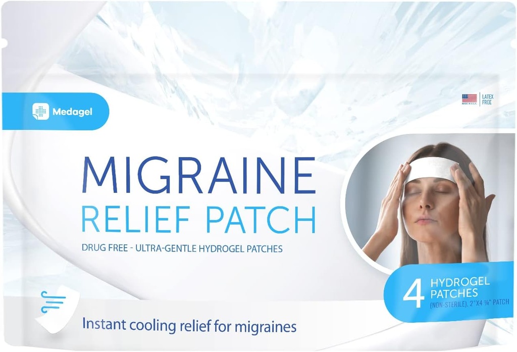 Migraine Relief Patch, Cooling Patches for Migraine, Fever, Hormone, & Headaches, Mess &amp; Odor-Free Hydrogel Cooling, Made in The USA, 1 Pack (4 x Patches) Blanco