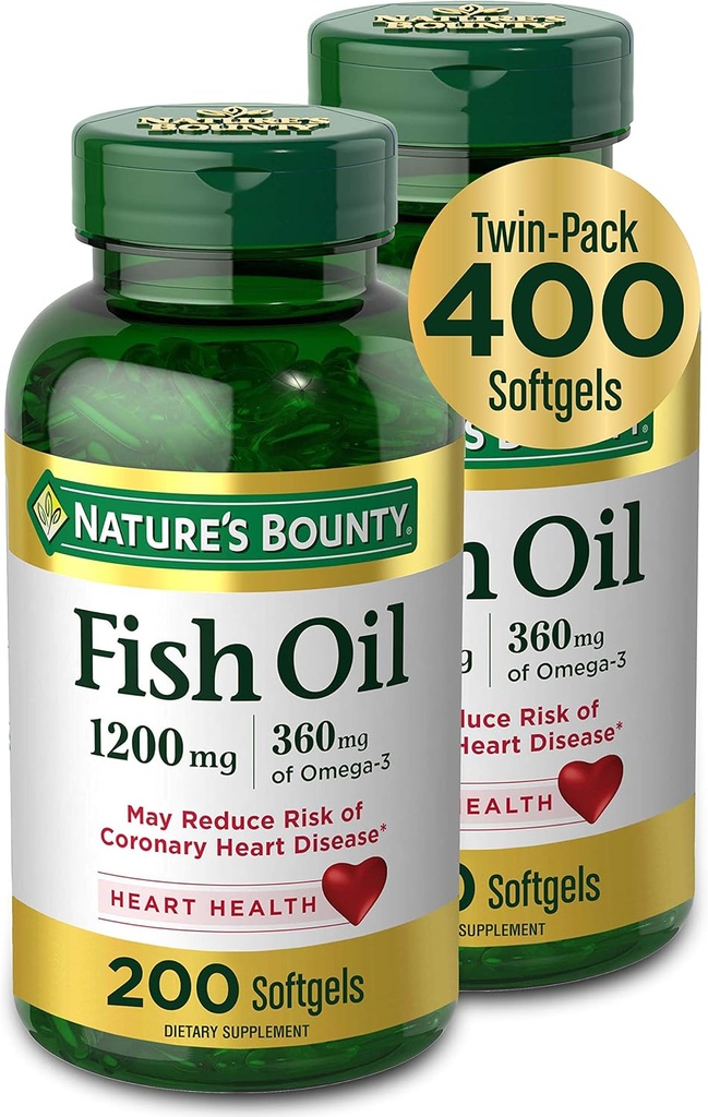 Aceite de pescado abundante de la naturaleza, Suplemento dietético con 360 mg Omega-3, apoya la salud cardíaca, 1200 mg, 200 Softgels (Pack de 2)
