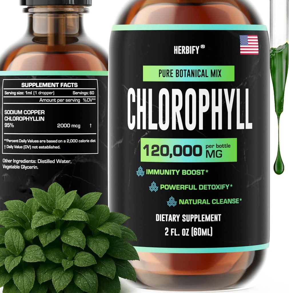HERBIFY Chlorophyll Drops - Clorophyll líquido para energía Boost &amp; Immune System Support - Made in USA - Chlorophyll Liquid Drops for Body Detox, Internal Deodorant & Enhance Skin - 2 Oz