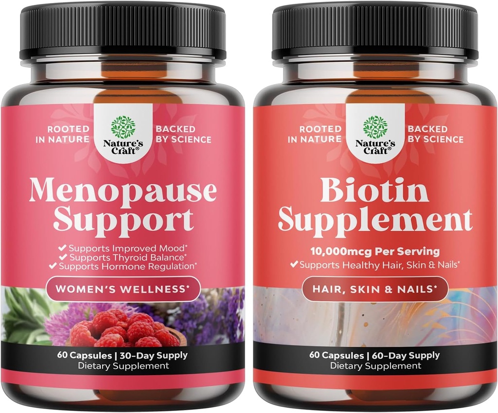 Bundle of Herbal Menopause Supplement for Women and 10000 mcg Pure Biotin Pills for Women &amp; Men - Perfect for Estrogen Balance - Stop Hair Loss Thinning Natural Supplement