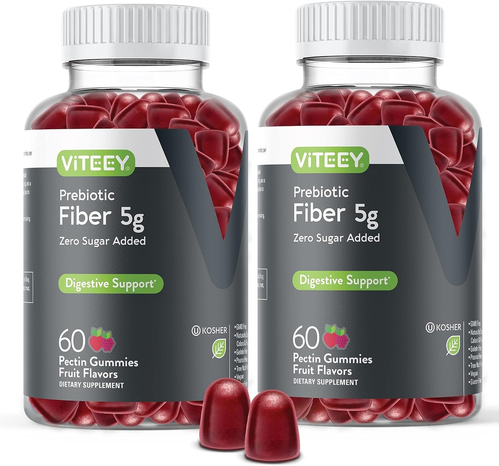 Viteey Prebiotic Fiber Gummies for Adults, 5g - Gut Health & Digestive Soluble Fiber Supplement Gummies - Zero Sugar Added, Vegan, Gluten-Free - 120 Count