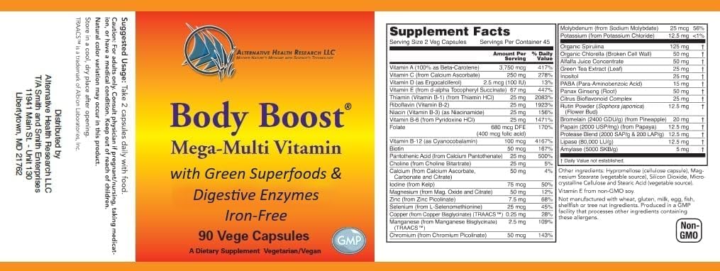Iron-Free Mega Multivitamina y Suplemento Mineral con Superalimentos Verdes y Enzimas Digestivos- Body Boost® por Alternative Health Research