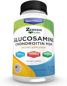 Zenesis Labs Glucosamine Sulfate + Chondroitin + MSM Combination Joint & Cartilage Supplement 450 Capsules (Bulk 90 Day Supply) 1500mg, 1200mg, 2000mg per Serving