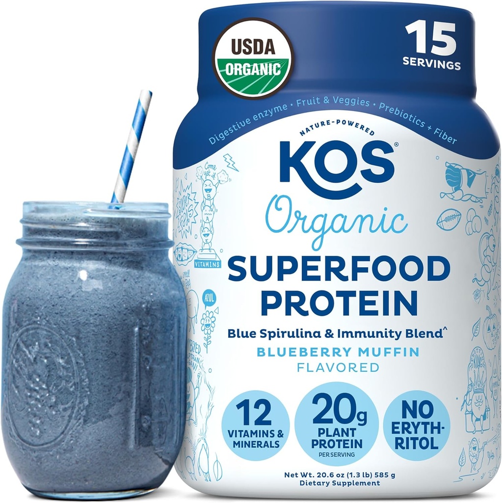 KOS Plant Based Protein Powder, Blueberry Muffin - Organic Pea Protein Superfood con Spirulina e Immune Support Blend. Soy, Gluten, Dairy Free - Vegan Meal Reemplazo para Hombres Mujer - 15 Servimientos
