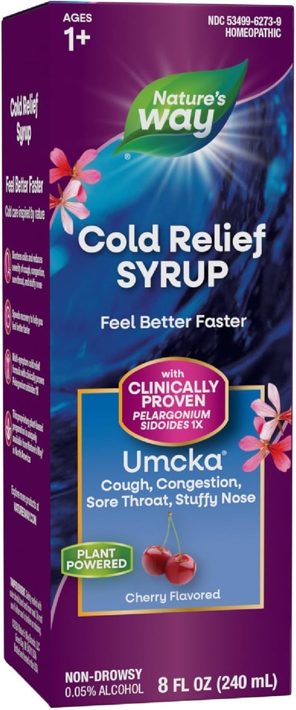 Camino de la Naturaleza Cold Relief Syrup, Umcka, Shortens Duración " Reduce la Severidad, Multi-Symptom Cold Relief, Homeopático, Phenylephrine Free, Non-Drowsy, Cherry Flavored, 8 Fl Oz (Packaging May Vary)