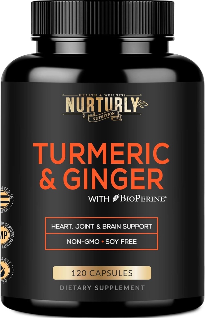 Curcumina Turmérica con BioPerine &amp; Ginger, Black Pepper y 95% Curcuminoids - Suplementos Turméricos de alta absorción para la salud cardíaca - No GMO, Gluten Gratis - 120 cápsulas