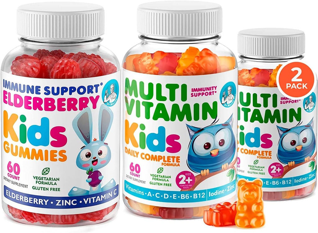 DR. MORITZ Healthy Kids' Essentials Pack - Kids Elderberry Gummies (60 Cuenta) con Multivitamin (120 Cuenta)